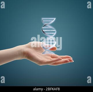 Hand with DNA vector image, on blue background Stock Photo