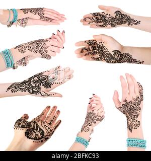 Collage with hands painted with henna, isolated on white Stock Photo