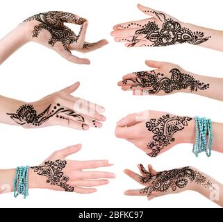 Collage with hands painted with henna, isolated on white Stock Photo