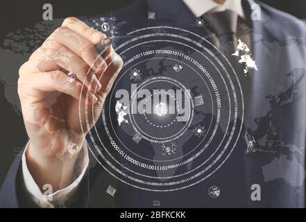 Businessman hand pushing business graph.  Futuristic button Stock Photo