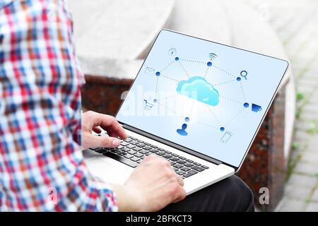 Man working with  cloud computing diagram, modern technology concept Stock Photo