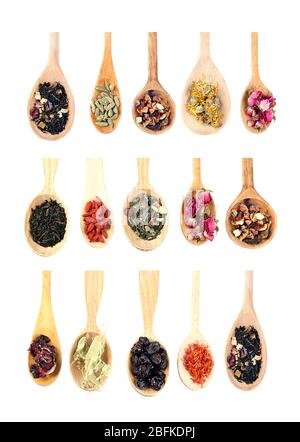 Collection of tea and natural additives in wooden spoons, isolated on white Stock Photo