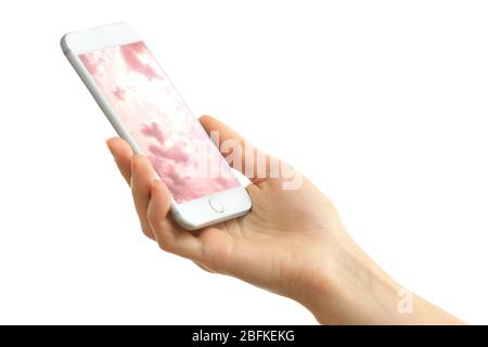 Hand holding mobile smart phone with sky in screen. Cloud computing concept Stock Photo
