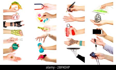 Hands with different objects isolated on white Stock Photo