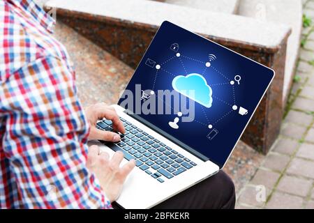 Man working with  cloud computing diagram, modern technology concept Stock Photo