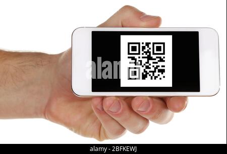 Hand holding smart phone with QR code on screen Stock Photo