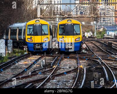 London Overground Capitalstar trains outside Clapham Junction Station in South London. British Rail Class 378 Capitalstar. Stock Photo