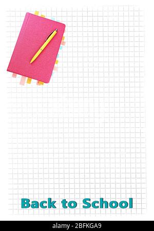 Notebook with bookmarks and pen on lined paper background Stock Photo