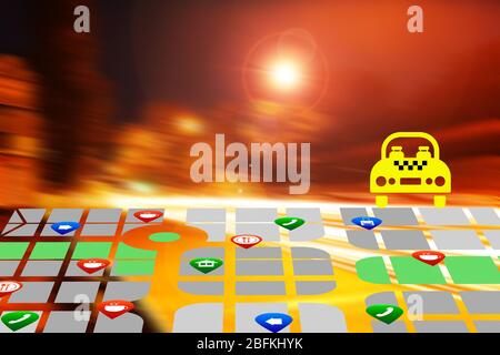 Taxi vector icon on map, on night background Stock Photo
