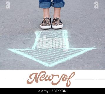 Dream job concept. Female feet and drawing arrows on pavement background Stock Photo