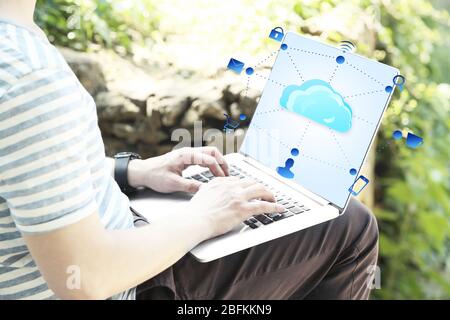 Man working with  cloud computing diagram, modern technology concept Stock Photo