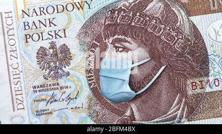 Polish 10 zlotych  close up, printed during Coronavirus pandemic. National Bank of Poland prints huge amount of money to save Polish economy Stock Photo