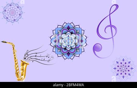 saxophone is playing music on floral background Stock Vector