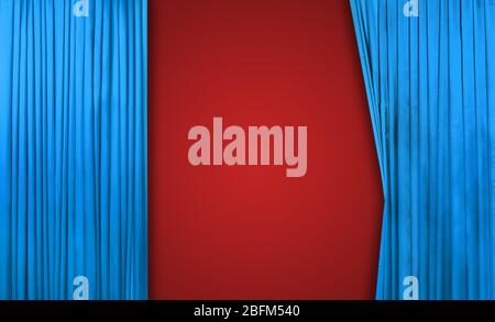 Blue curtain on theater or cinema stage slightly open on red background Stock Photo