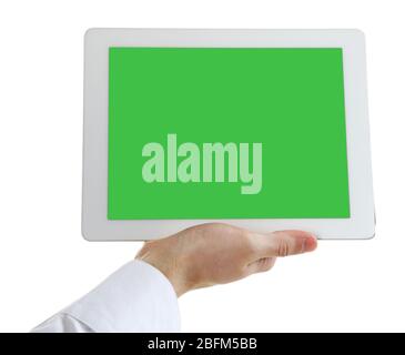 Male hand holding digital tablet isolated on white Stock Photo