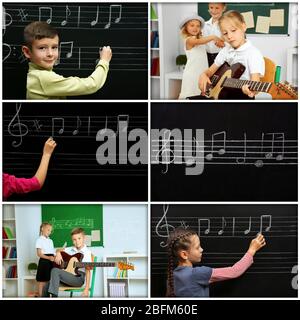 Collage with pupils having music lesson in classroom at elementary school Stock Photo