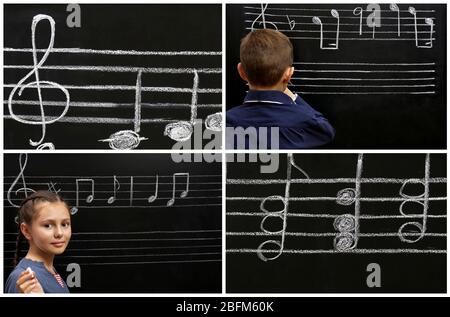 Collage with pupils having music lesson in classroom at elementary school Stock Photo