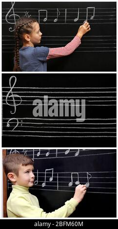 Collage with pupils having music lesson in classroom at elementary school Stock Photo