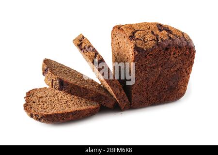 Loaf of Borodino bread sliced in pieces isolated on white Stock Photo