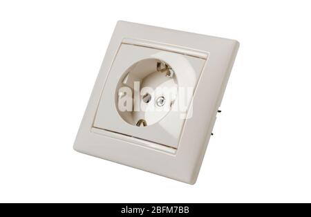 Single-phase household electrical outlet with grounding contact in a decorative frame isolated on white Stock Photo