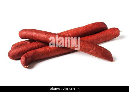 Hunting sausages close up isolated on white Stock Photo