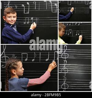 Collage with pupils having music lesson in classroom at elementary school Stock Photo