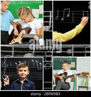 Collage with pupils having music lesson in classroom at elementary school Stock Photo