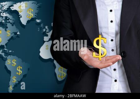 Business success strategy concept. Female hands showing currency on world map background Stock Photo