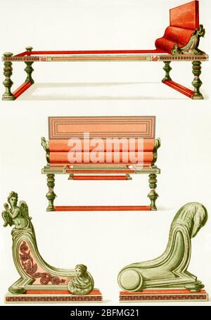 This illustration from the late 1800s shows a recontructed view of Roman bronze furniture that was found in Pompeii, baased on the work done by the Nicolini brothers (Felice and Fausto) in their book published in 1854. Pompeii was a town south of Rome on the Bay of Naples that was destroyed in the A.D. 79 eruption of Mt. Vesuvius. Stock Photo
