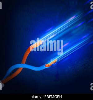 Electric cable with blue light  and binary code Stock Photo