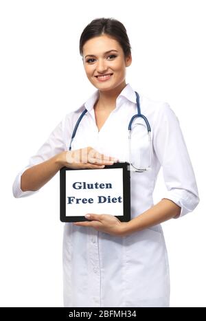 Nutritionist doctor with clipboard and text Gluten Free Diet, isolated on white Stock Photo