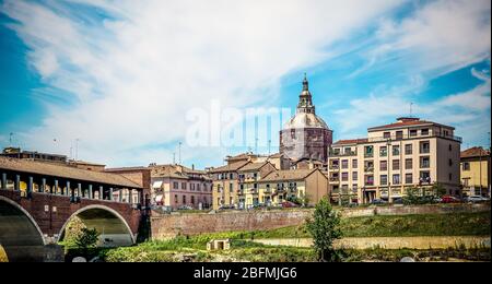 Historical covered bridge over the Ticino River in Pavia City in Italy Pavia, Province og Pavia, northern Italy, june 28,2015 Stock Photo