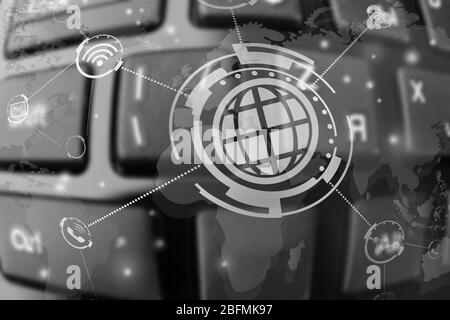 Computer keyboard close up with icons, mobile technology concept Stock Photo