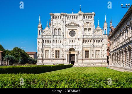Abbey church, Certosa di Pavia monastery, Lombardy, Italy. View of the Facade. Pavia, northern Italy Stock Photo
