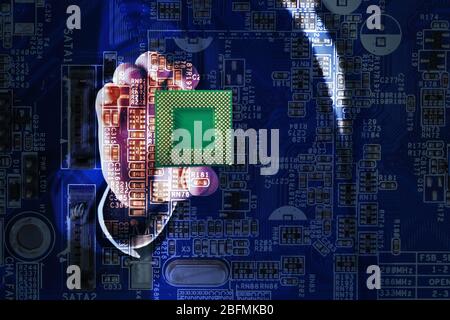 Man holding microchip and electronic circuit board, close up Stock Photo