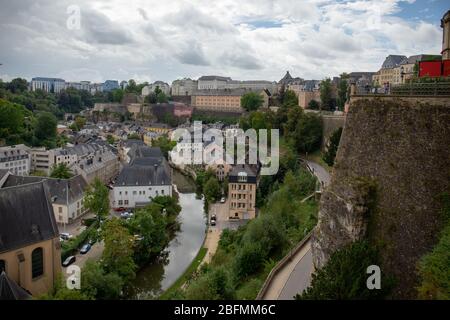 Partial view of the city of Luxembourg and its old fortified medieval city that is located on steep cliffs. Stock Photo