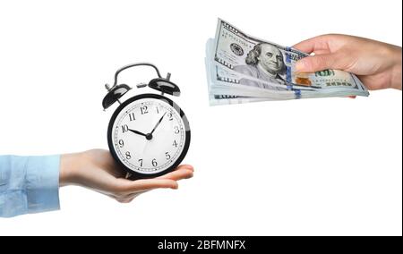 Time is money. Buying time. Hand with money and hand with alarm-clock, isolated on white Stock Photo