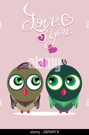 Cute cartoon animals couple fall in love, vector illustration. Stock Photo