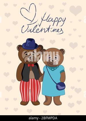 Cute cartoon animals couple fall in love, vector illustration. Stock Photo