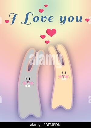 Cute cartoon animals couple fall in love, vector illustration. Stock Photo