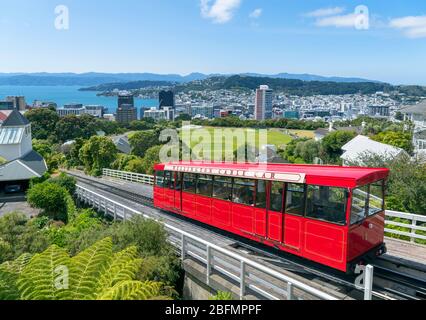 Wellington Cable Car. View over the city and Lambton Harbour from the Kelburn terminus of the Wellington Cable Car, Wellington, New Zealand Stock Photo