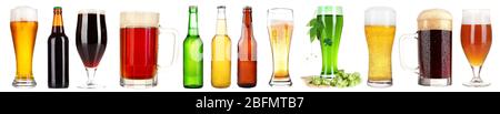 Different types of beer in glasses and bottles, isolated on white Stock Photo