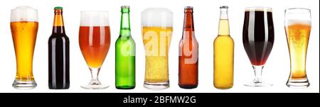 Different types of beer in glasses and bottles, isolated on white Stock Photo