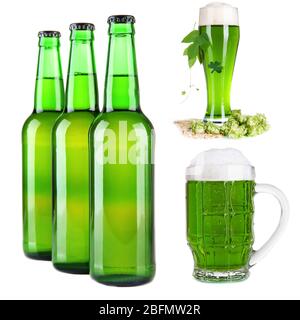 Different types of  green beer in glass, mug and bottles, isolated on white Stock Photo