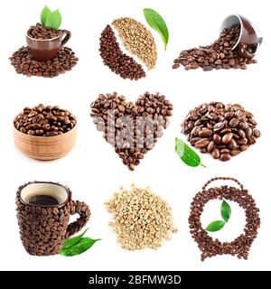 Colourful bright collage made of leaves and coffee beans with coffee cups, isolated on white Stock Photo