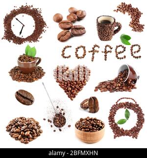 Colourful bright collage made of leaves and coffee beans with coffee cups, isolated on white Stock Photo