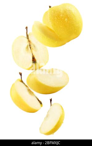 Falling ripe apples isolated on white Stock Photo