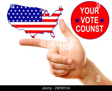 Pointing hand and text Your vote counts isolated on white Stock Photo