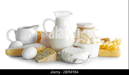 Set of fresh dairy products , isolated  on white Stock Photo
