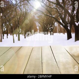 Beautiful winter background with shabby table Stock Photo